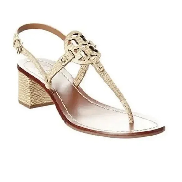 Tory Burch Mini Miller Reptile Embossed Leather Slingback Heeled Sandals Sz 9.5 - Picture 3 of 8